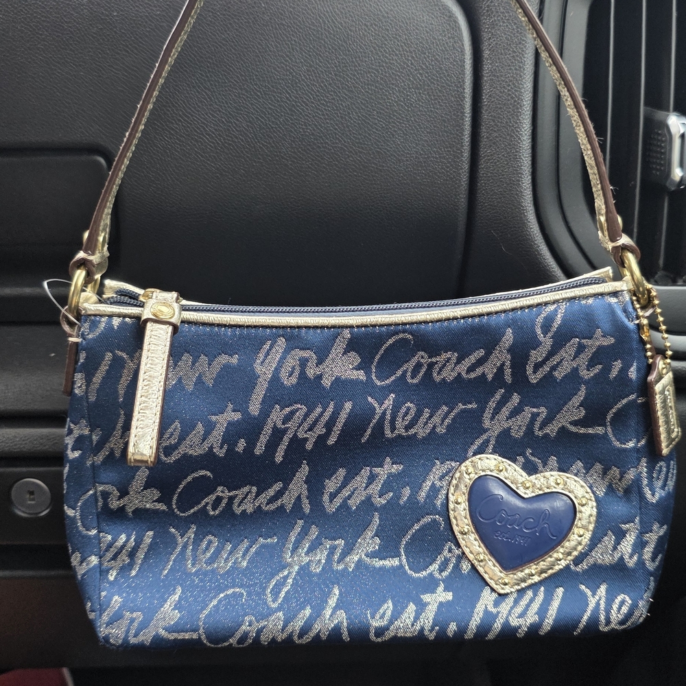Coach Navy and Gold Script Shoulder Bag